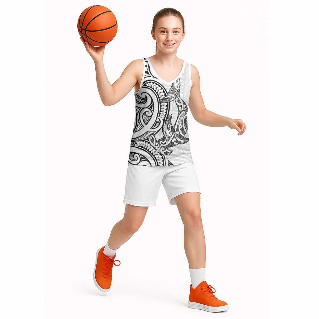 New Zealand Hammerhead Shark Basketball Jersey Maori Haehae Mangopare White - Polynesian Pride
