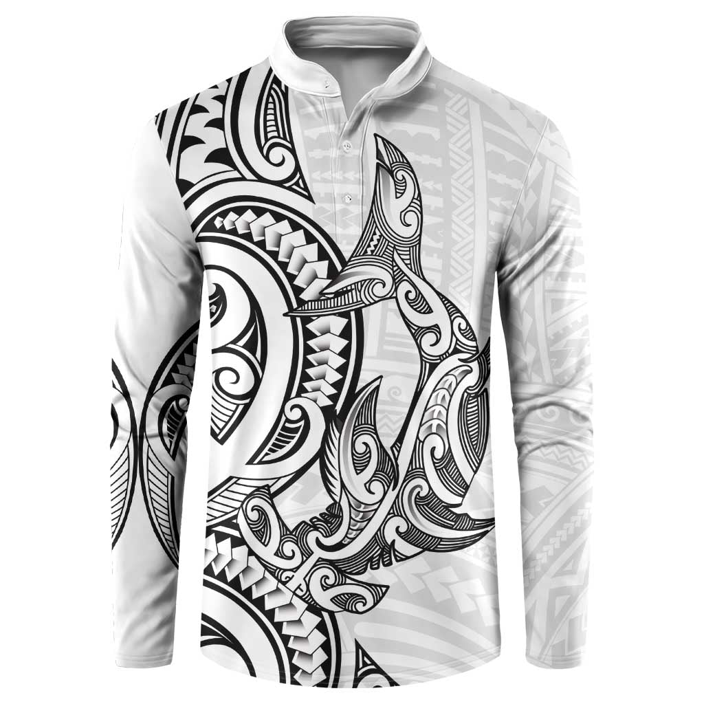 New Zealand Hammerhead Shark Button Sweatshirt Maori Haehae Mangopare White - Polynesian Pride