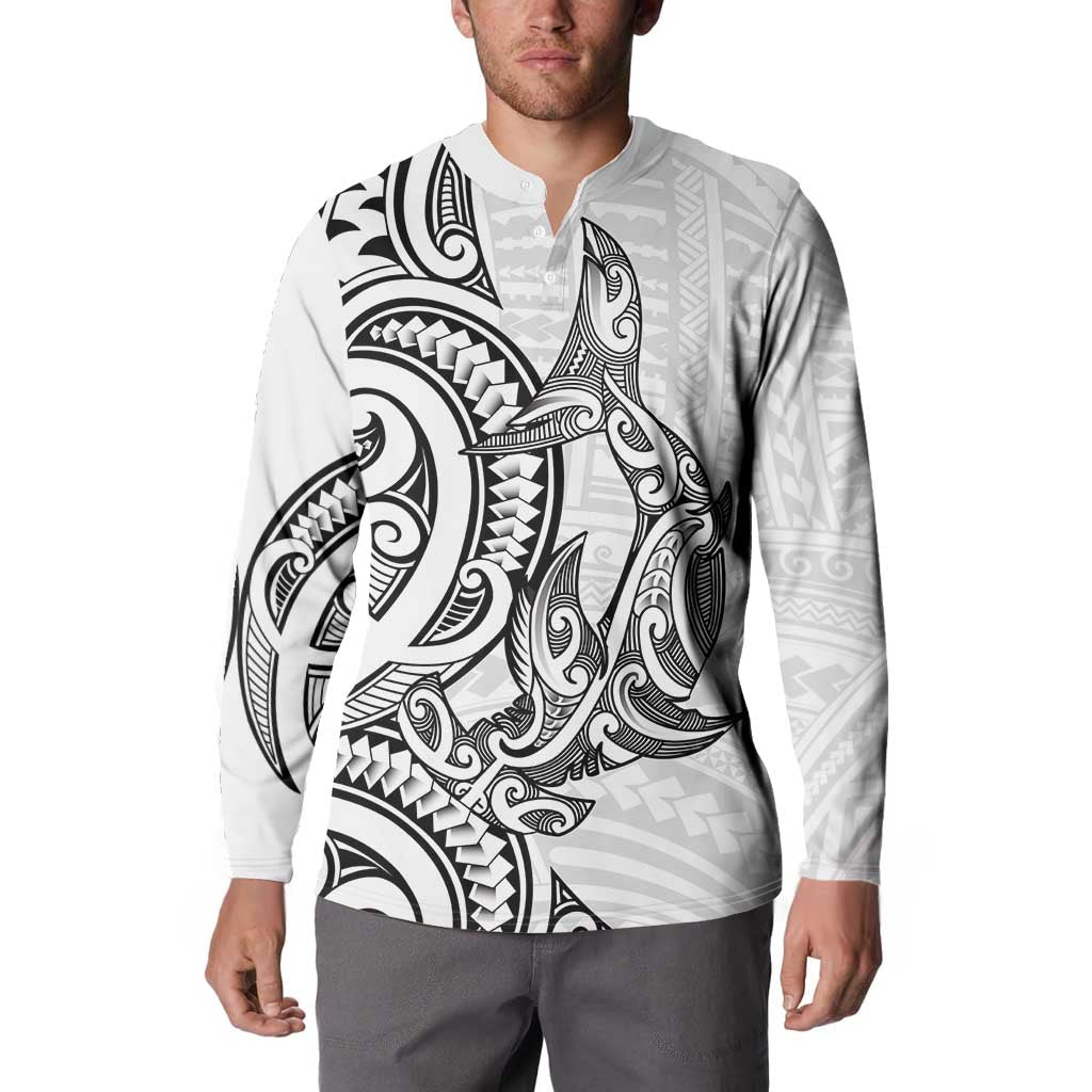 New Zealand Hammerhead Shark Button Sweatshirt Maori Haehae Mangopare White - Polynesian Pride