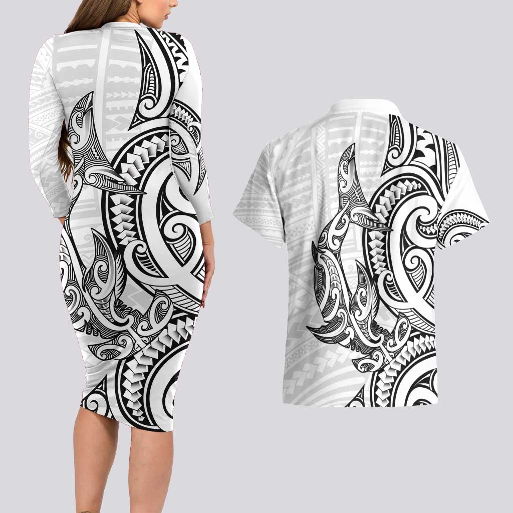 New Zealand Hammerhead Shark Couples Matching Long Sleeve Bodycon Dress and Hawaiian Shirt Maori Haehae Mangopare White - Polynesian Pride