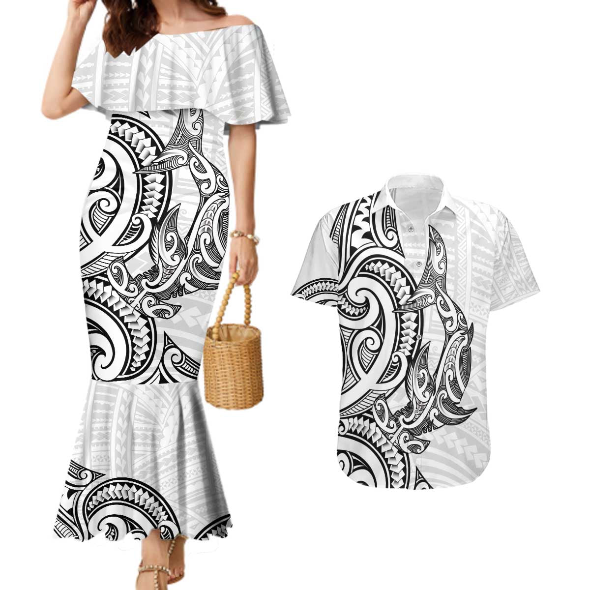 New Zealand Hammerhead Shark Couples Matching Mermaid Dress and Hawaiian Shirt Maori Haehae Mangopare White - Polynesian Pride