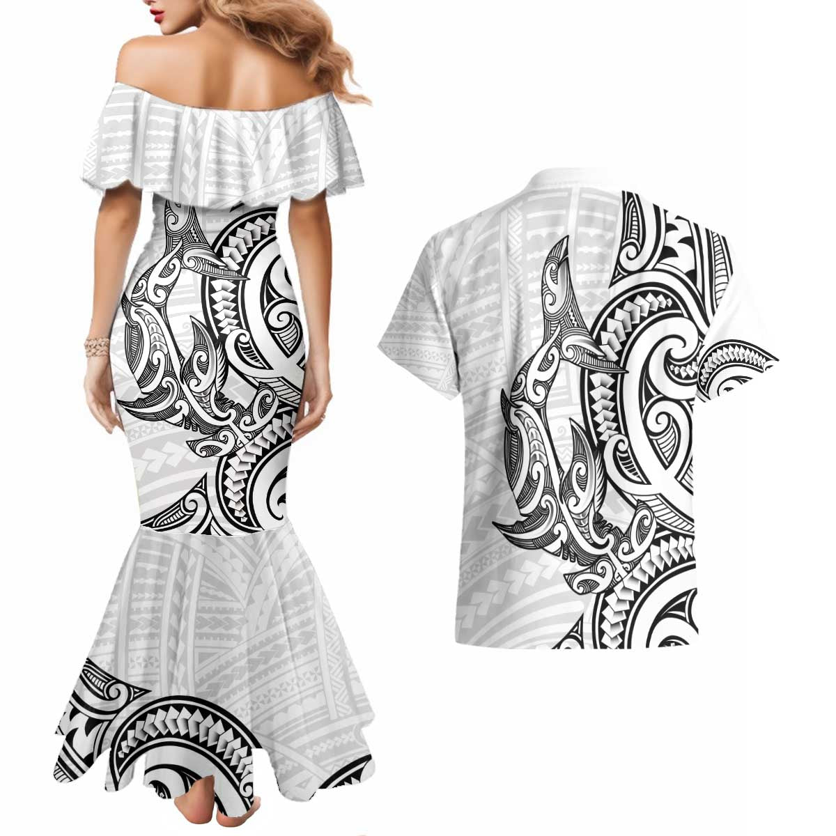 New Zealand Hammerhead Shark Couples Matching Mermaid Dress and Hawaiian Shirt Maori Haehae Mangopare White - Polynesian Pride