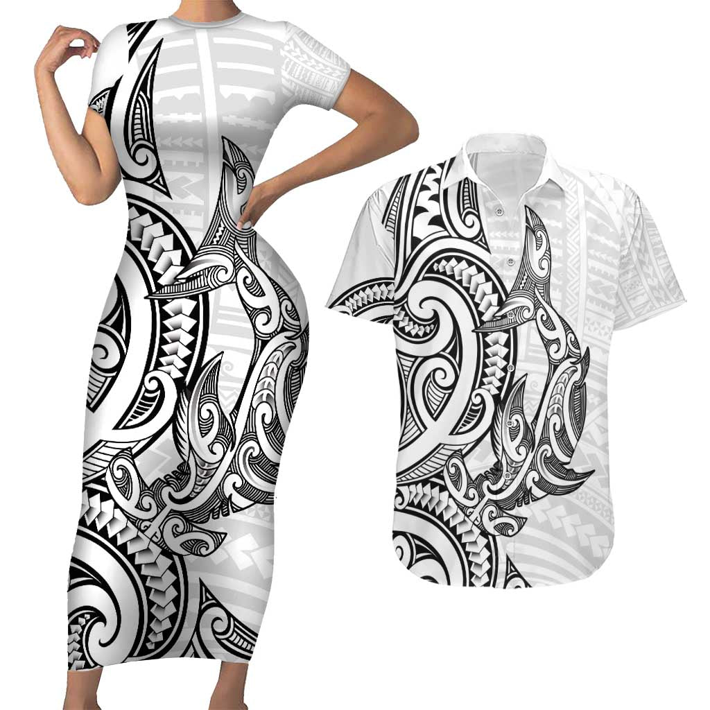 New Zealand Hammerhead Shark Couples Matching Short Sleeve Bodycon Dress and Hawaiian Shirt Maori Haehae Mangopare White - Polynesian Pride