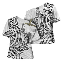 New Zealand Hammerhead Shark Cross Shoulder Shirt Maori Haehae Mangopare White - Polynesian Pride