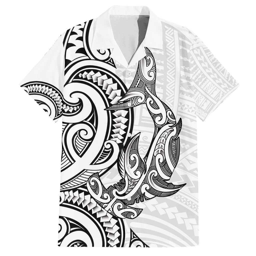 New Zealand Hammerhead Shark Family Matching Long Sleeve Bodycon Dress and Hawaiian Shirt Maori Haehae Mangopare White - Polynesian Pride