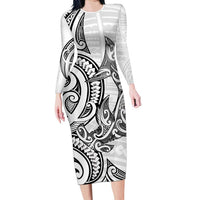 New Zealand Hammerhead Shark Family Matching Long Sleeve Bodycon Dress and Hawaiian Shirt Maori Haehae Mangopare White - Polynesian Pride
