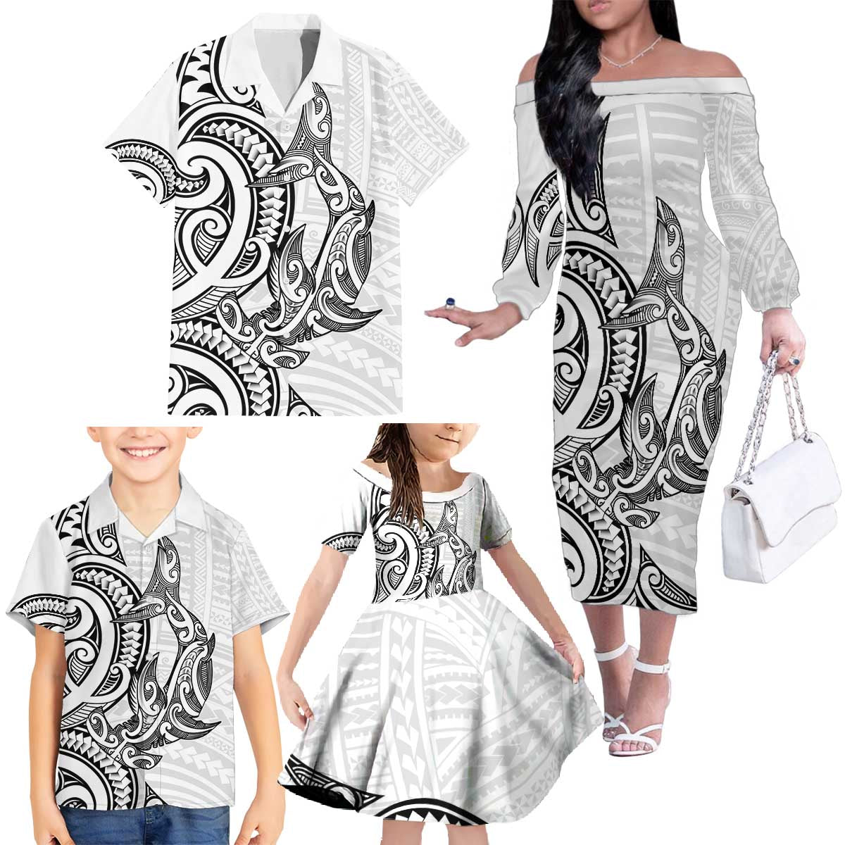 New Zealand Hammerhead Shark Family Matching Off The Shoulder Long Sleeve Dress and Hawaiian Shirt Maori Haehae Mangopare White - Polynesian Pride
