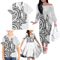 New Zealand Hammerhead Shark Family Matching Off The Shoulder Long Sleeve Dress and Hawaiian Shirt Maori Haehae Mangopare White - Polynesian Pride