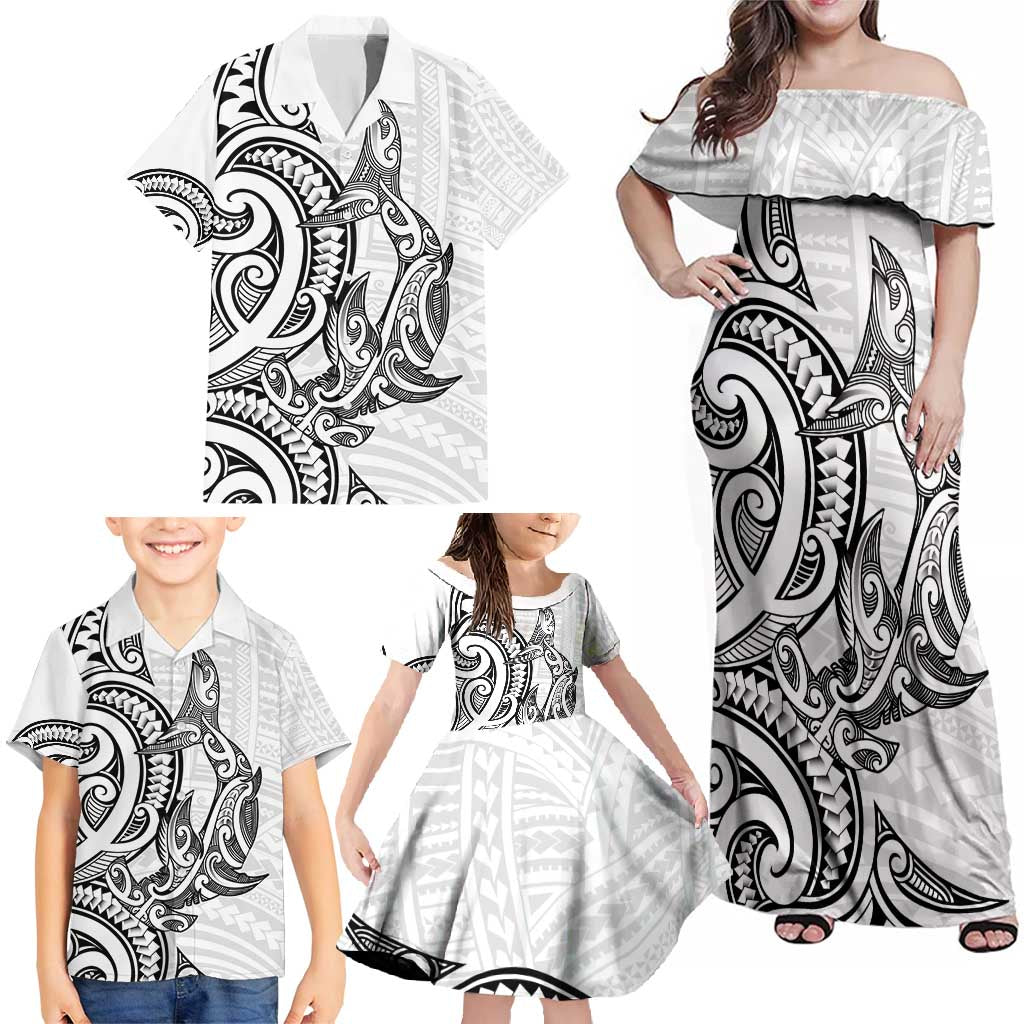 New Zealand Hammerhead Shark Family Matching Off Shoulder Maxi Dress and Hawaiian Shirt Maori Haehae Mangopare White - Polynesian Pride