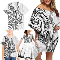 New Zealand Hammerhead Shark Family Matching Off Shoulder Short Dress and Hawaiian Shirt Maori Haehae Mangopare White - Polynesian Pride