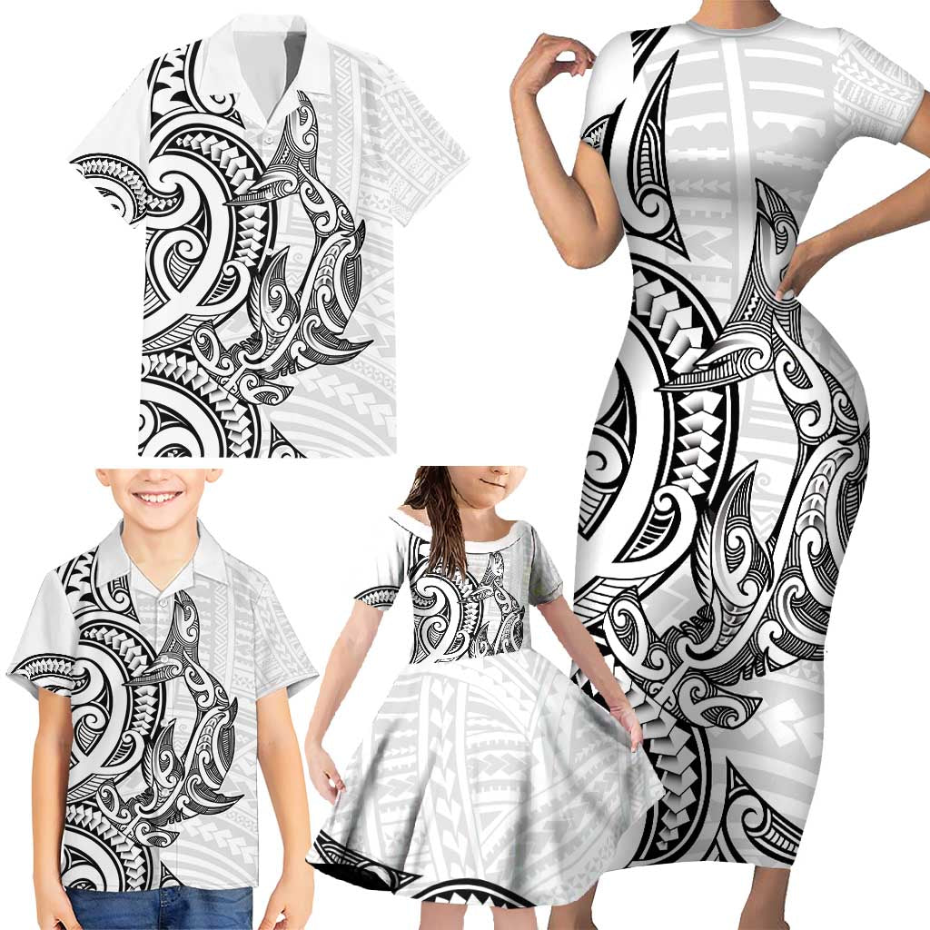New Zealand Hammerhead Shark Family Matching Short Sleeve Bodycon Dress and Hawaiian Shirt Maori Haehae Mangopare White - Polynesian Pride