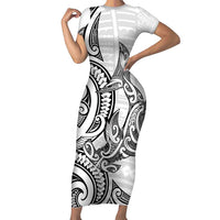New Zealand Hammerhead Shark Family Matching Short Sleeve Bodycon Dress and Hawaiian Shirt Maori Haehae Mangopare White - Polynesian Pride