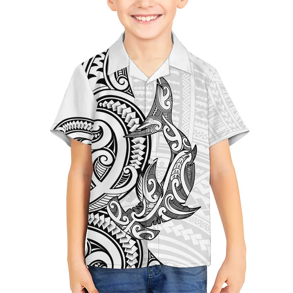 New Zealand Hammerhead Shark Family Matching Short Sleeve Bodycon Dress and Hawaiian Shirt Maori Haehae Mangopare White - Polynesian Pride