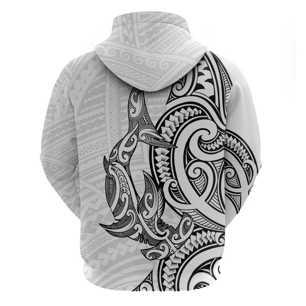 New Zealand Hammerhead Shark Hoodie Maori Haehae Mangopare White - Polynesian Pride