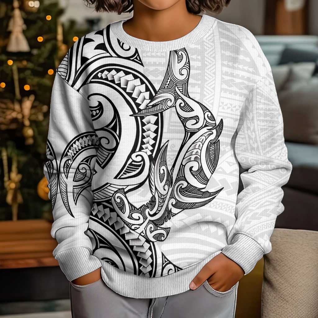 New Zealand Hammerhead Shark Kid Ugly Christmas Sweater Maori Haehae Mangopare White - Polynesian Pride