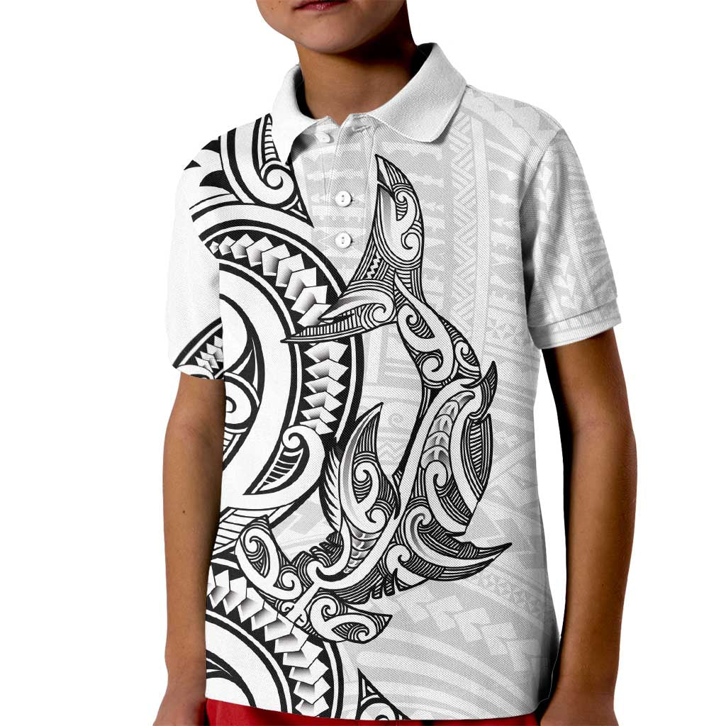 New Zealand Hammerhead Shark Kid Polo Shirt Maori Haehae Mangopare White - Polynesian Pride