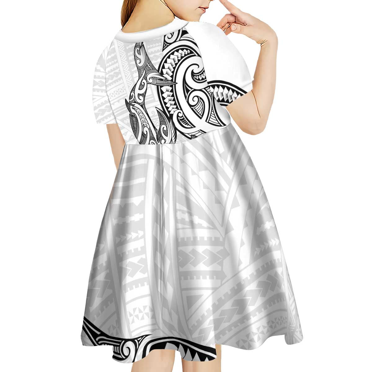 New Zealand Hammerhead Shark Kid Short Sleeve Dress Maori Haehae Mangopare White - Polynesian Pride