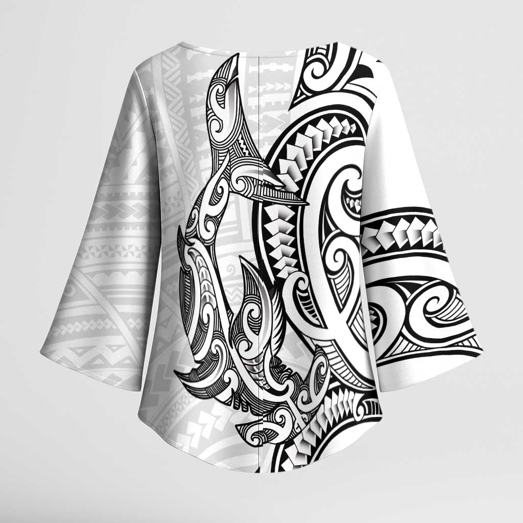 New Zealand Hammerhead Shark Kimono Sleeve Blouse Maori Haehae Mangopare White - Polynesian Pride