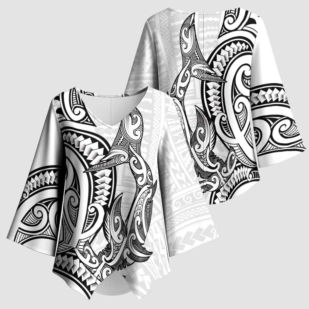New Zealand Hammerhead Shark Kimono Sleeve Blouse Maori Haehae Mangopare White - Polynesian Pride