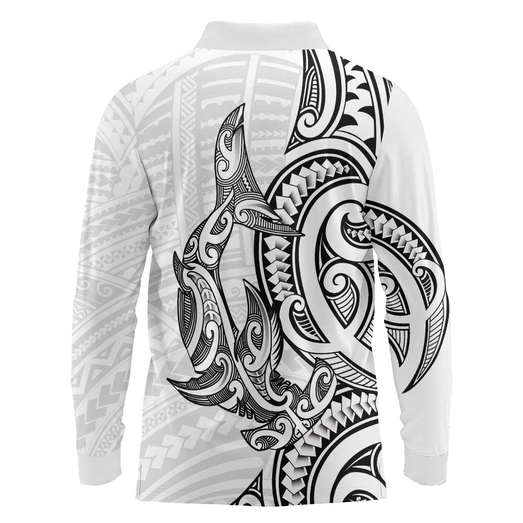 New Zealand Hammerhead Shark Long Sleeve Polo Shirt Maori Haehae Mangopare White - Polynesian Pride