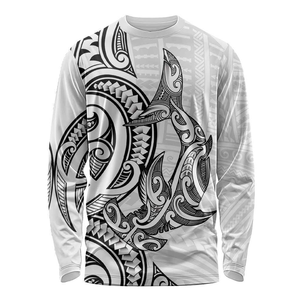 New Zealand Hammerhead Shark Long Sleeve Shirt Maori Haehae Mangopare White - Polynesian Pride