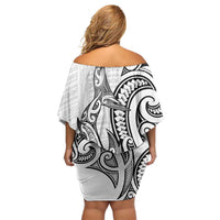 New Zealand Hammerhead Shark Off Shoulder Short Dress Maori Haehae Mangopare White - Polynesian Pride