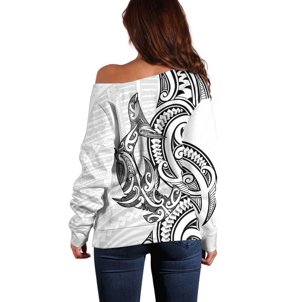 New Zealand Hammerhead Shark Off Shoulder Sweater Maori Haehae Mangopare White - Polynesian Pride