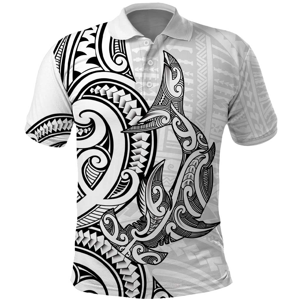 New Zealand Hammerhead Shark Polo Shirt Maori Haehae Mangopare White - Polynesian Pride