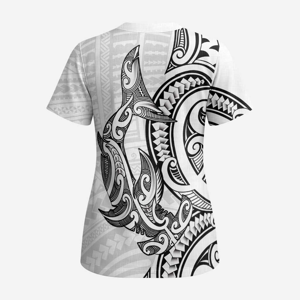 New Zealand Hammerhead Shark Scrub Top Maori Haehae Mangopare White - Polynesian Pride