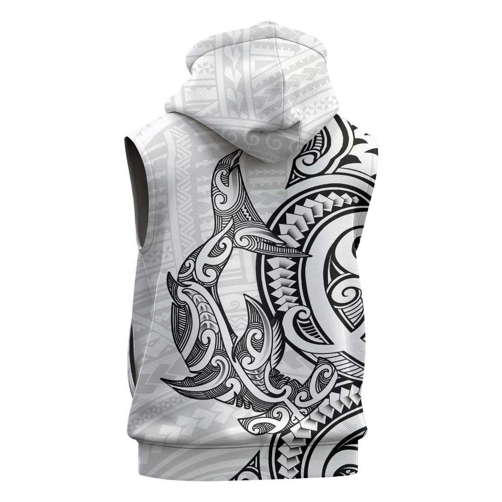 New Zealand Hammerhead Shark Sleeveless Hoodie Maori Haehae Mangopare White - Polynesian Pride