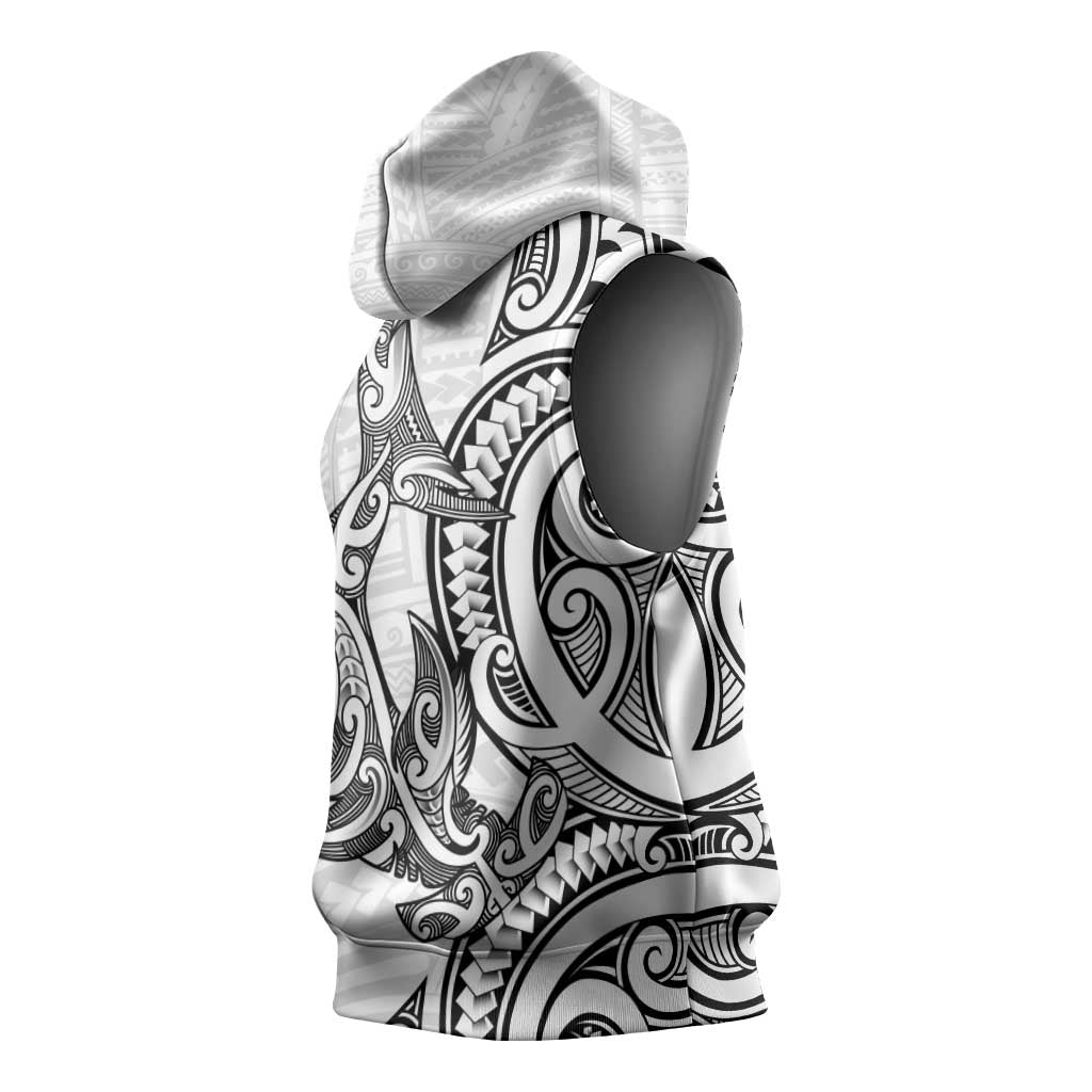 New Zealand Hammerhead Shark Sleeveless Hoodie Maori Haehae Mangopare White - Polynesian Pride