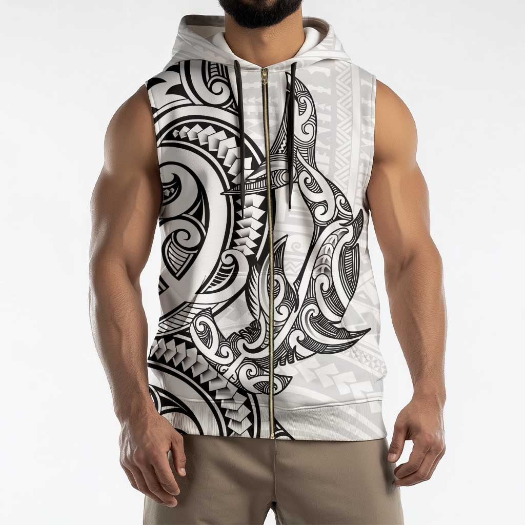New Zealand Hammerhead Shark Sleeveless Zip Hoodie Maori Haehae Mangopare White - Polynesian Pride