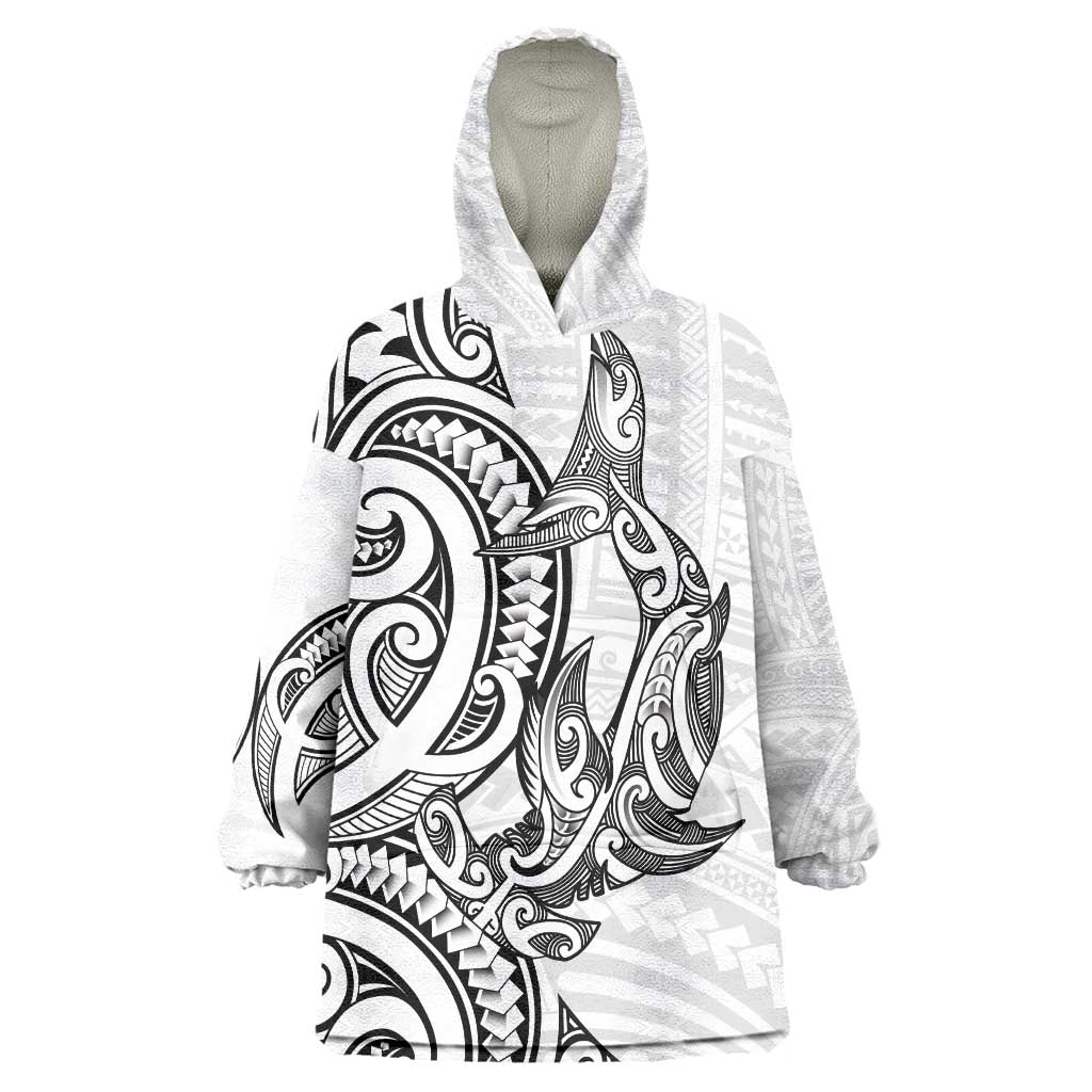 New Zealand Hammerhead Shark Wearable Blanket Hoodie Maori Haehae Mangopare White - Polynesian Pride