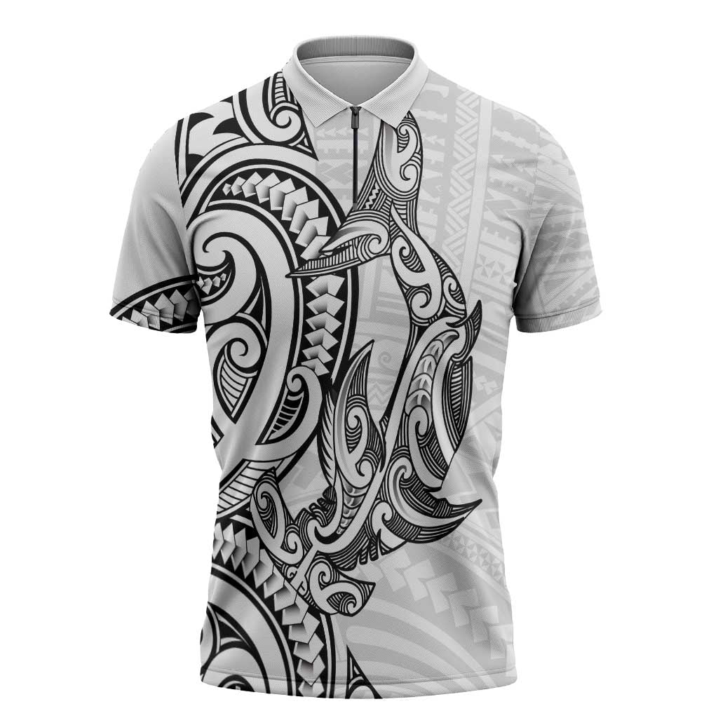 New Zealand Hammerhead Shark Zipper Polo Shirt Maori Haehae Mangopare White - Polynesian Pride