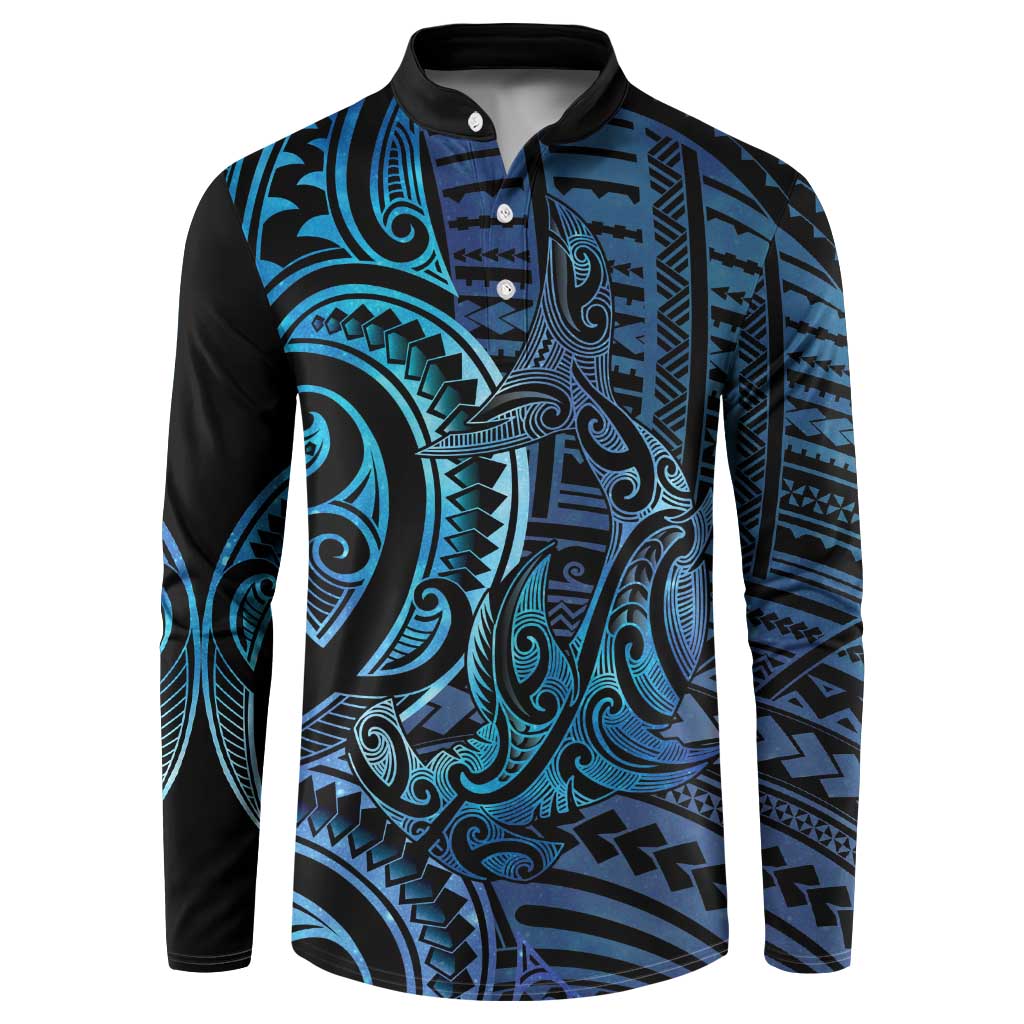 New Zealand Hammerhead Shark Button Sweatshirt Maori Haehae Mangopare Galaxy - Polynesian Pride