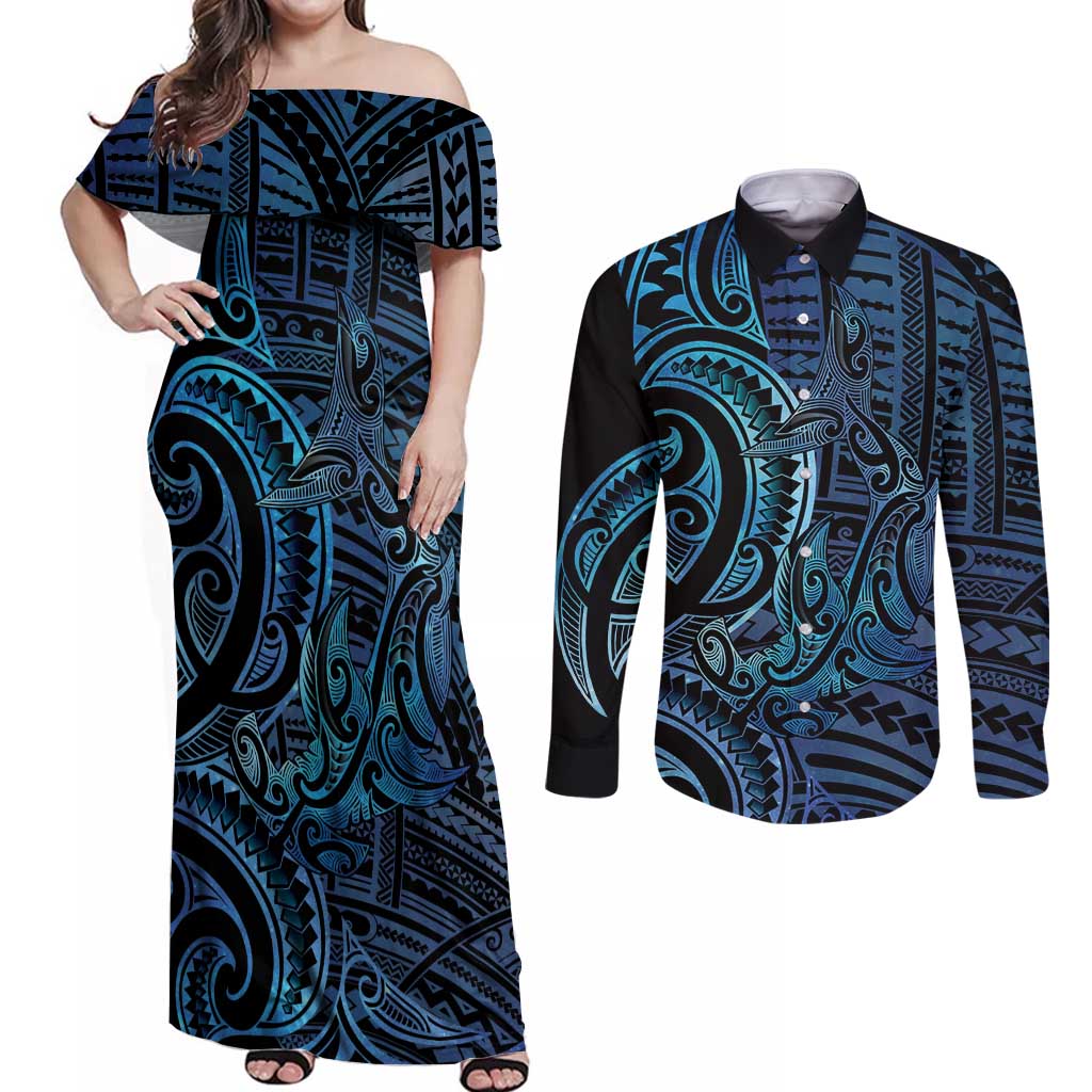New Zealand Hammerhead Shark Couples Matching Off Shoulder Maxi Dress and Long Sleeve Button Shirt Maori Haehae Mangopare Galaxy - Polynesian Pride