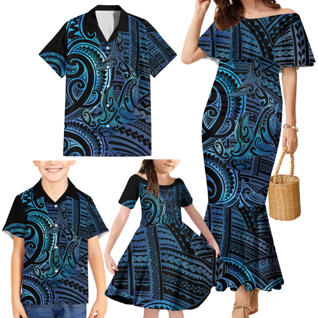 New Zealand Hammerhead Shark Family Matching Mermaid Dress and Hawaiian Shirt Maori Haehae Mangopare Galaxy - Polynesian Pride