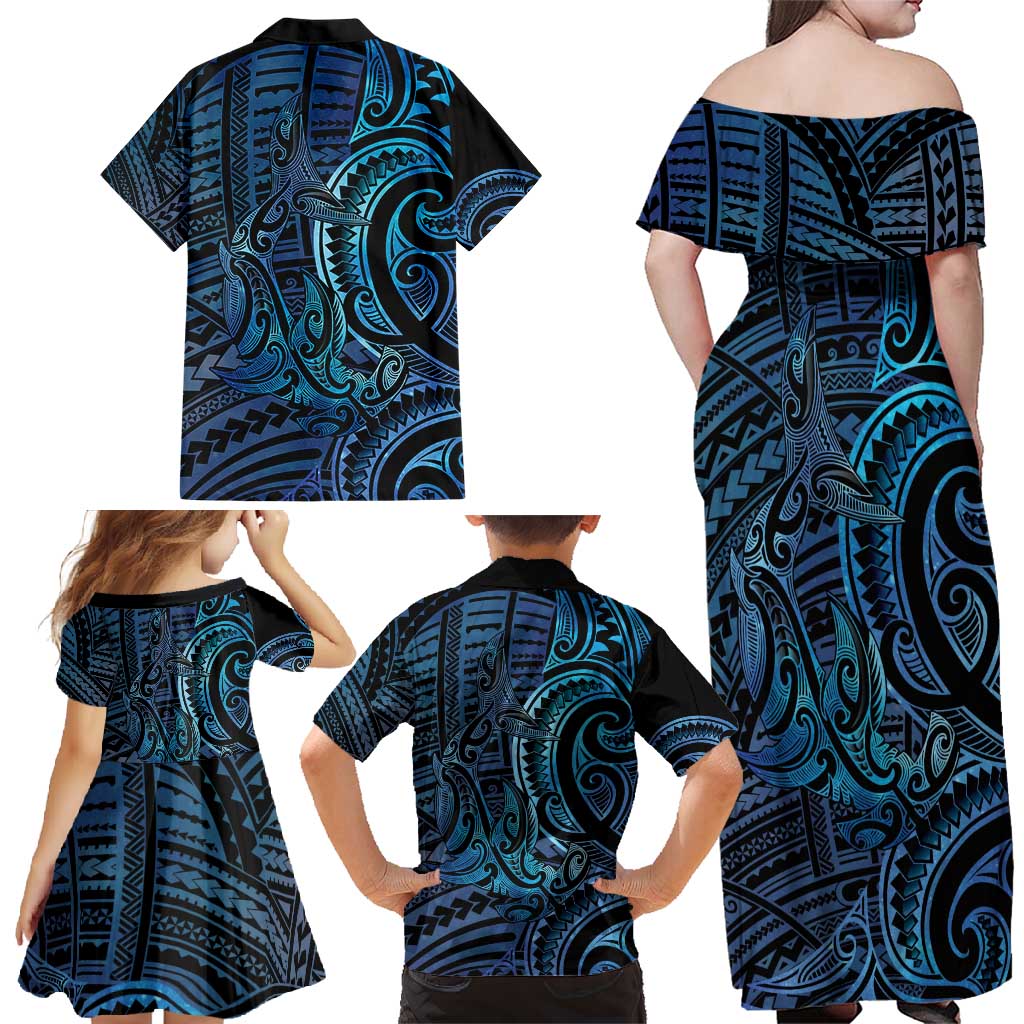 New Zealand Hammerhead Shark Family Matching Off Shoulder Maxi Dress and Hawaiian Shirt Maori Haehae Mangopare Galaxy - Polynesian Pride