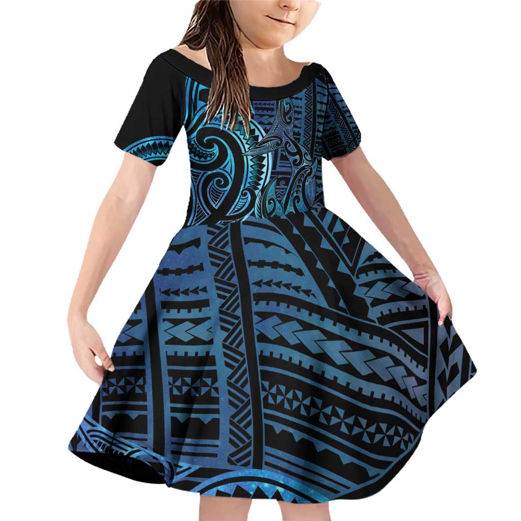 New Zealand Hammerhead Shark Family Matching Off Shoulder Short Dress and Hawaiian Shirt Maori Haehae Mangopare Galaxy - Polynesian Pride