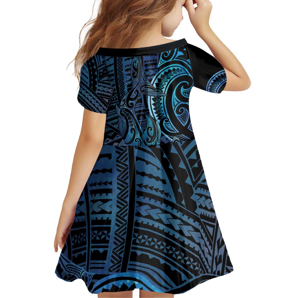New Zealand Hammerhead Shark Family Matching Off Shoulder Short Dress and Hawaiian Shirt Maori Haehae Mangopare Galaxy - Polynesian Pride