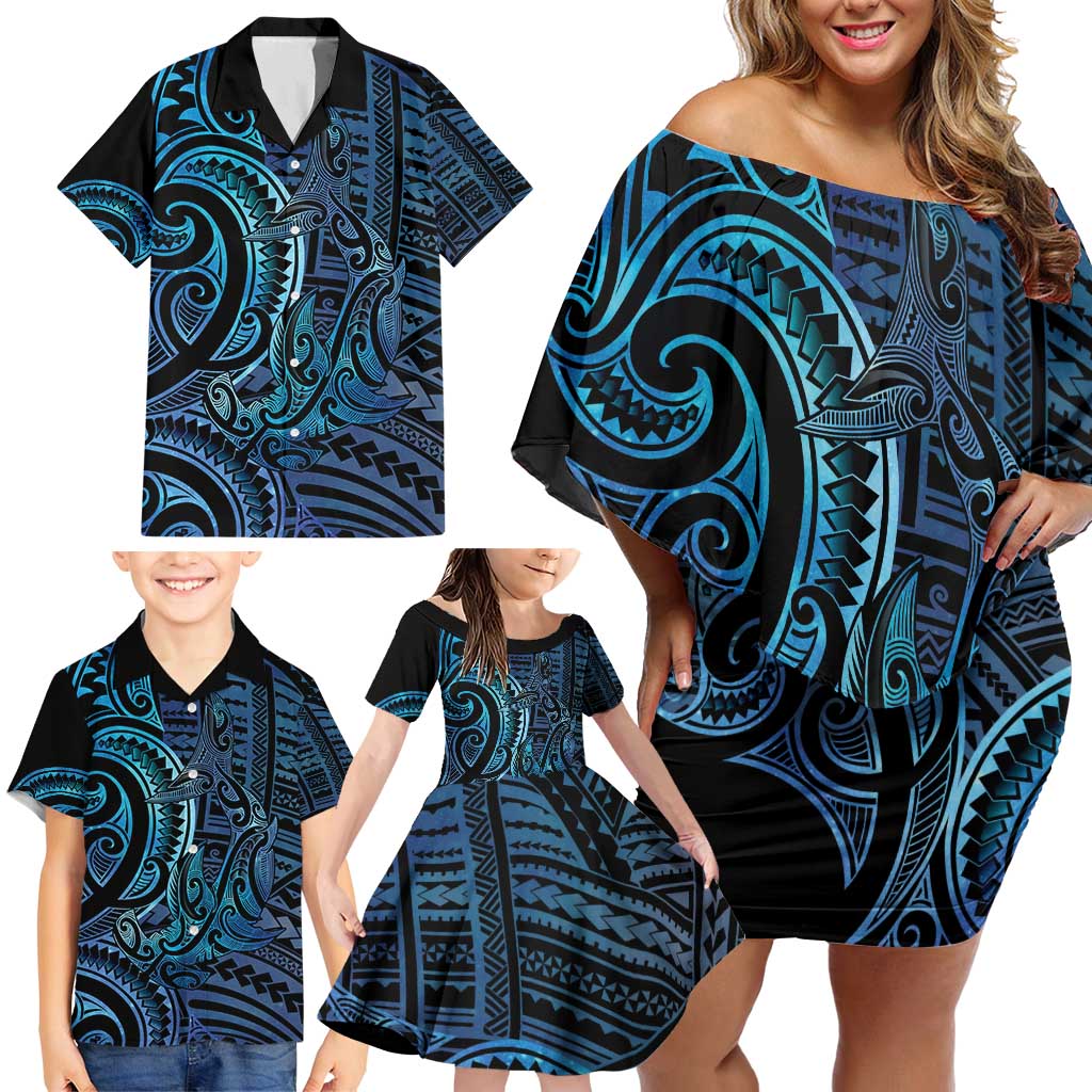 New Zealand Hammerhead Shark Family Matching Off Shoulder Short Dress and Hawaiian Shirt Maori Haehae Mangopare Galaxy - Polynesian Pride
