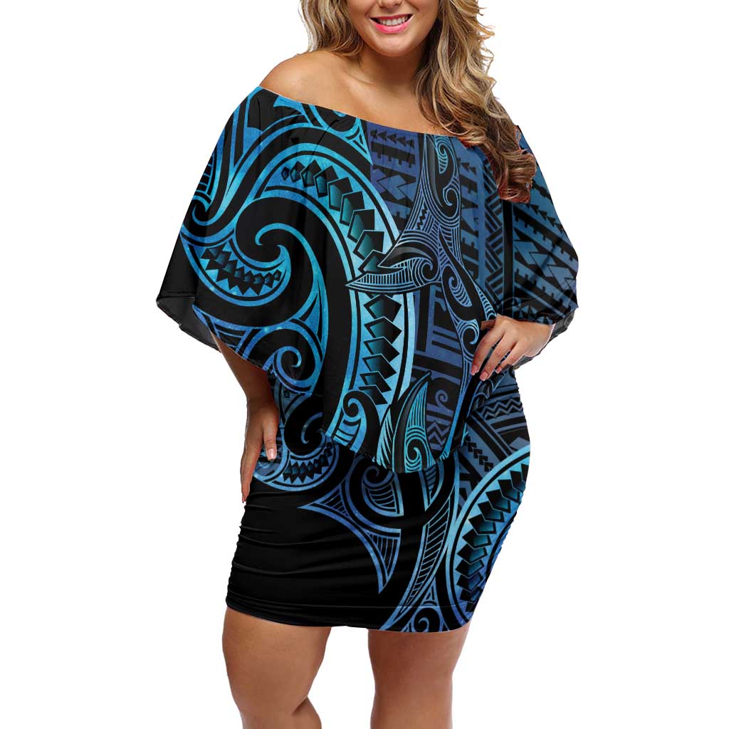 New Zealand Hammerhead Shark Family Matching Off Shoulder Short Dress and Hawaiian Shirt Maori Haehae Mangopare Galaxy - Polynesian Pride