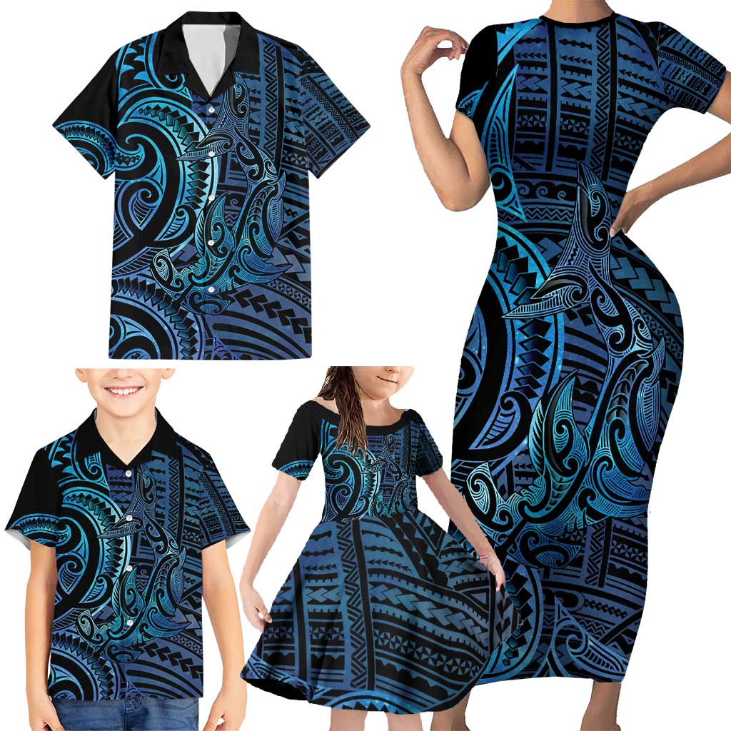 New Zealand Hammerhead Shark Family Matching Short Sleeve Bodycon Dress and Hawaiian Shirt Maori Haehae Mangopare Galaxy - Polynesian Pride