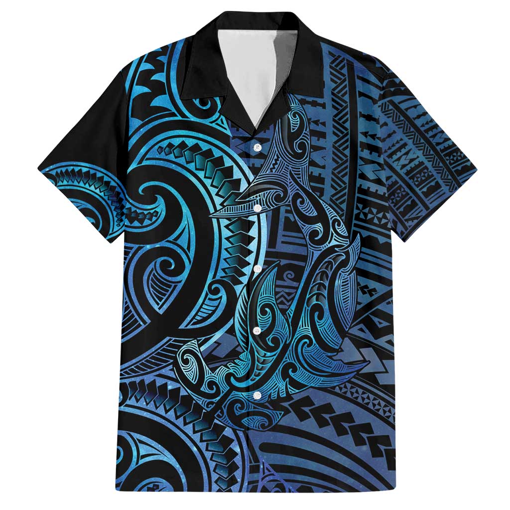 New Zealand Hammerhead Shark Family Matching Short Sleeve Bodycon Dress and Hawaiian Shirt Maori Haehae Mangopare Galaxy - Polynesian Pride
