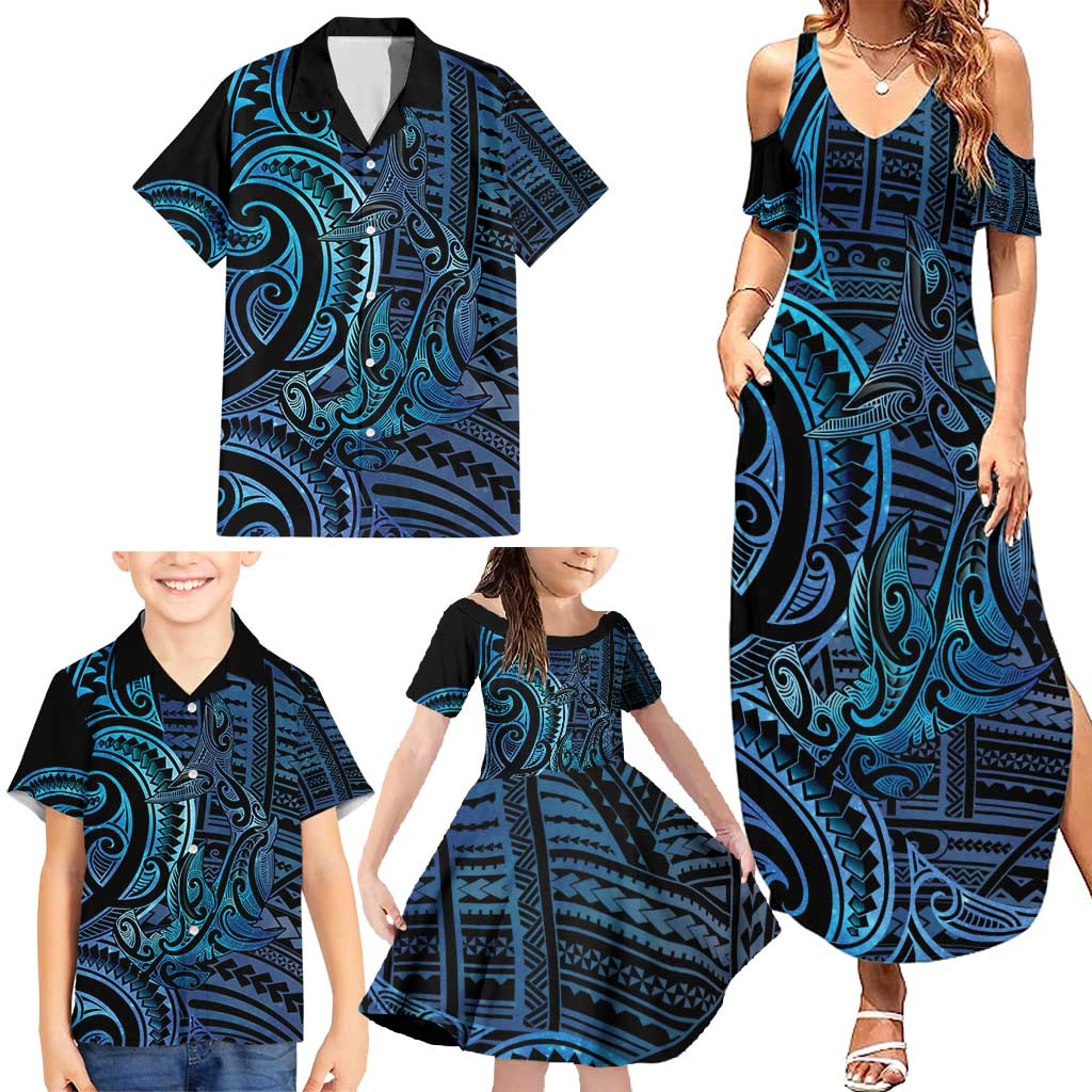 New Zealand Hammerhead Shark Family Matching Summer Maxi Dress and Hawaiian Shirt Maori Haehae Mangopare Galaxy - Polynesian Pride