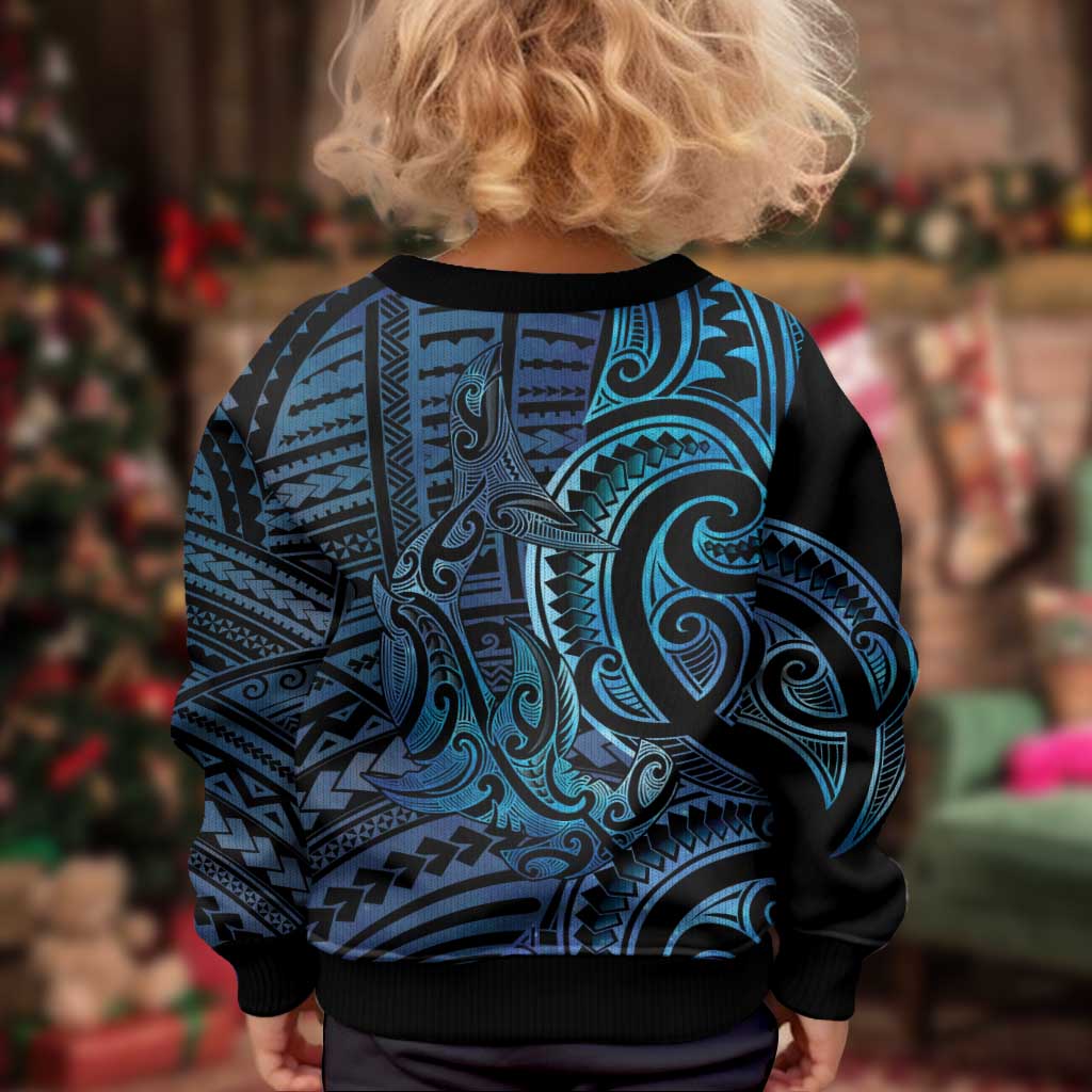 New Zealand Hammerhead Shark Kid Ugly Christmas Sweater Maori Haehae Mangopare Galaxy - Polynesian Pride