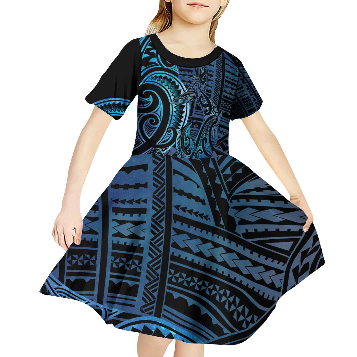 New Zealand Hammerhead Shark Kid Short Sleeve Dress Maori Haehae Mangopare Galaxy - Polynesian Pride