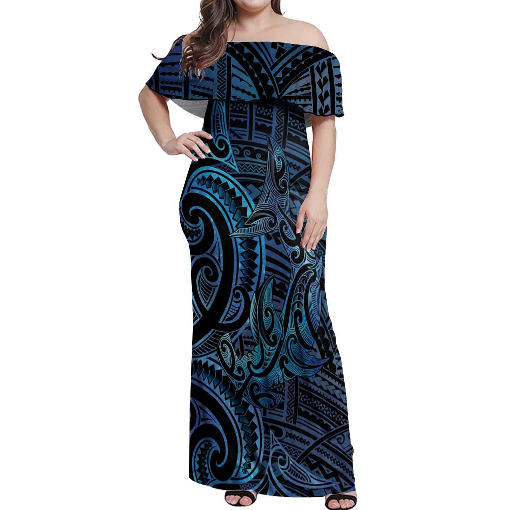New Zealand Hammerhead Shark Off Shoulder Maxi Dress Maori Haehae Mangopare Galaxy - Polynesian Pride