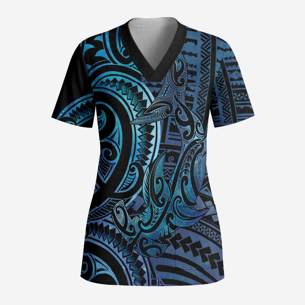New Zealand Hammerhead Shark Scrub Top Maori Haehae Mangopare Galaxy - Polynesian Pride