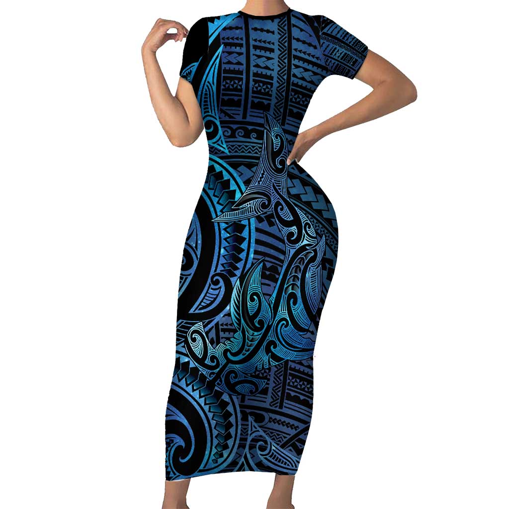 New Zealand Hammerhead Shark Short Sleeve Bodycon Dress Maori Haehae Mangopare Galaxy - Polynesian Pride